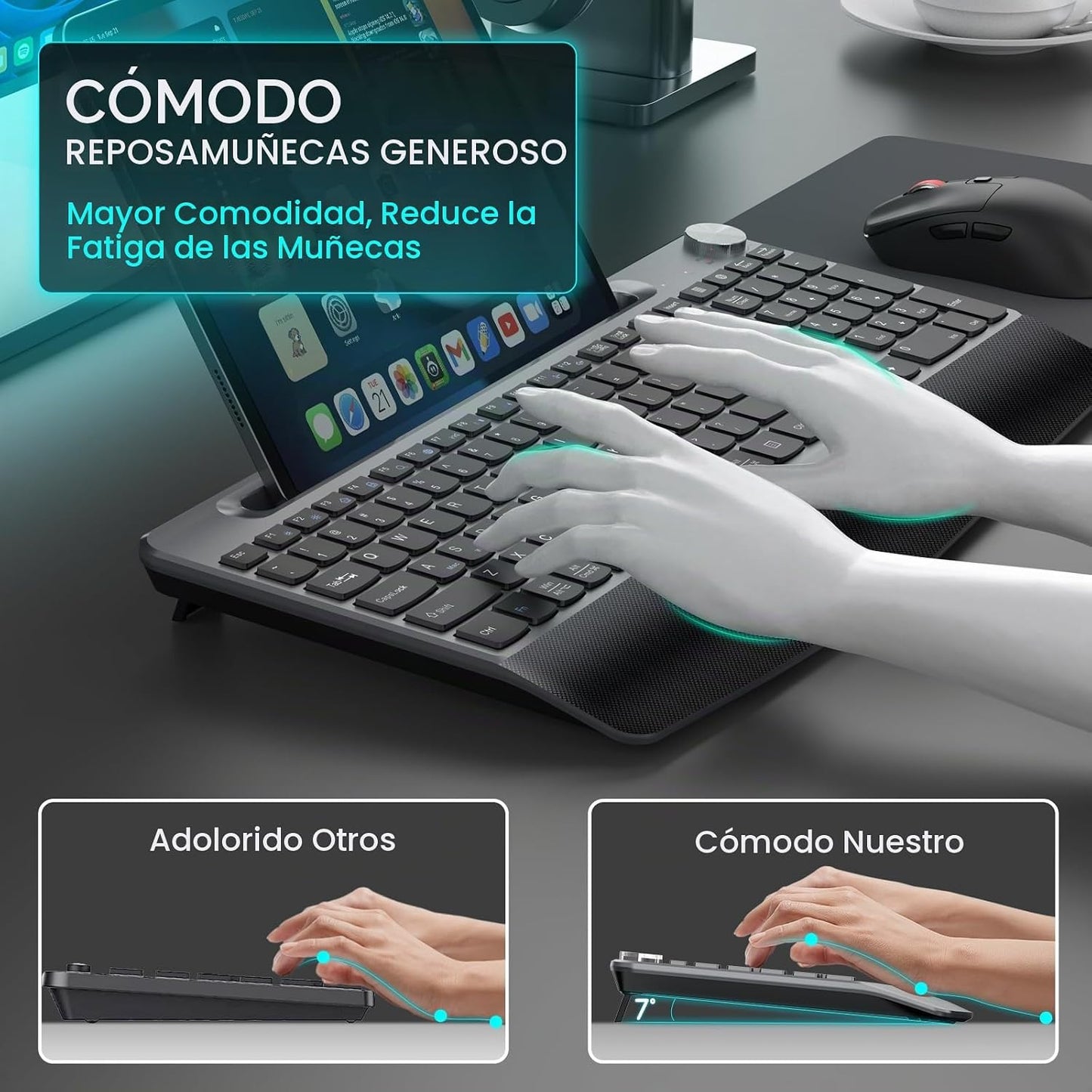 GAMCATZ - Teclado y mouse inalámbricos ergonómicos con reposamuñeca...