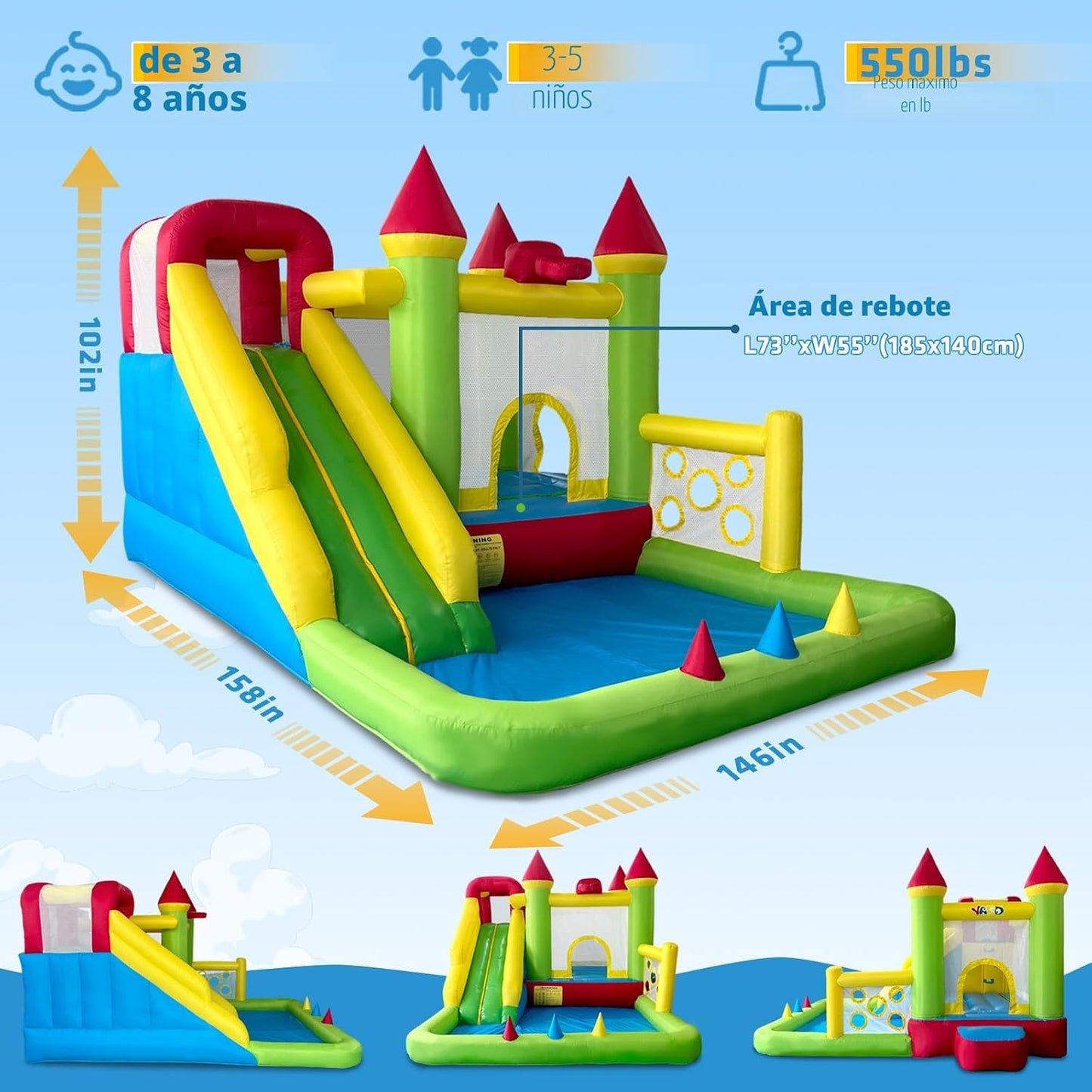 YARD Casa inflable de rebote para niños 3-6, 8 en 1 con tobogán, so...