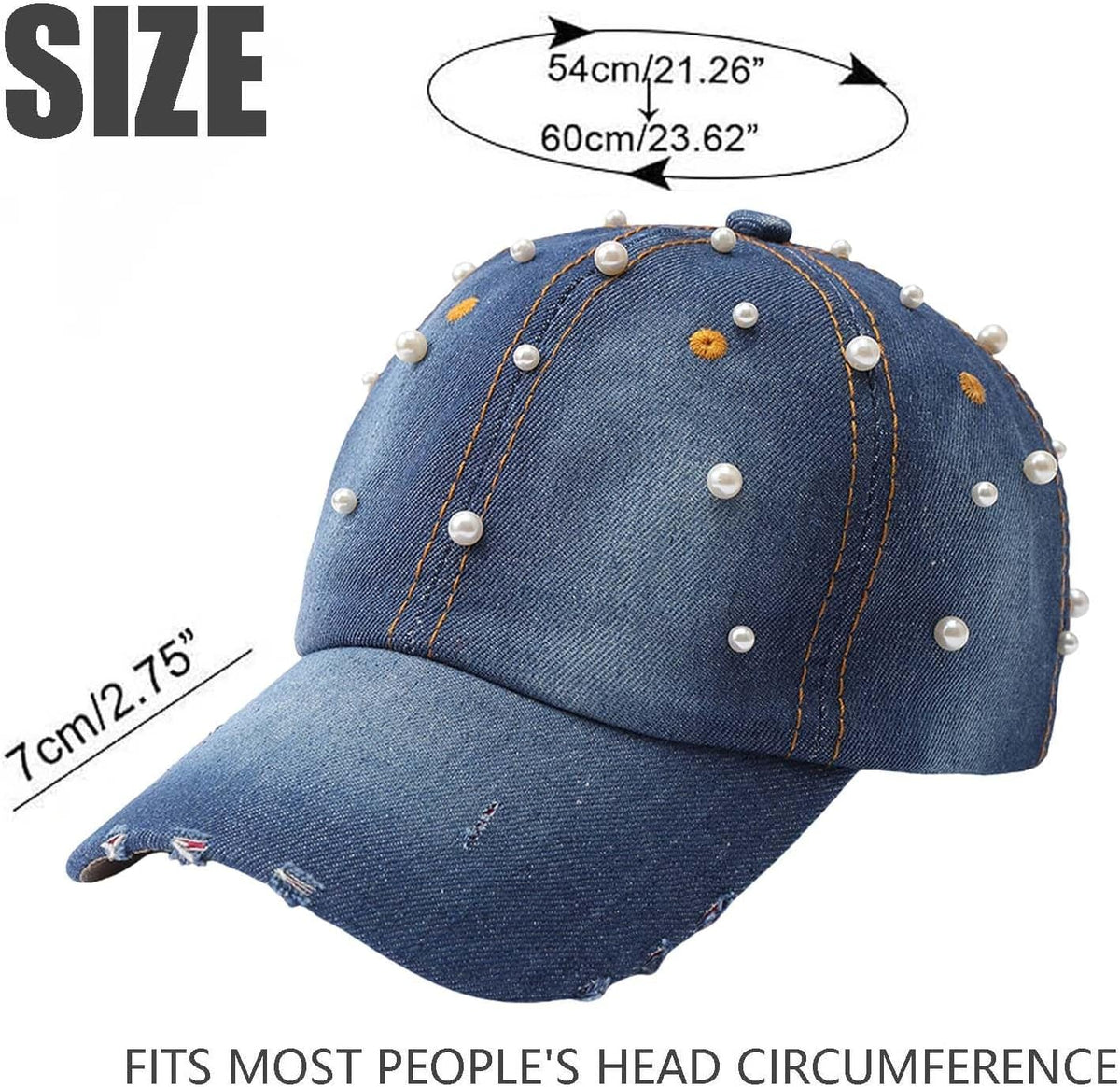 Qkxbxk Gorra de béisbol de mezclilla con perlas para mujer, ajustab...