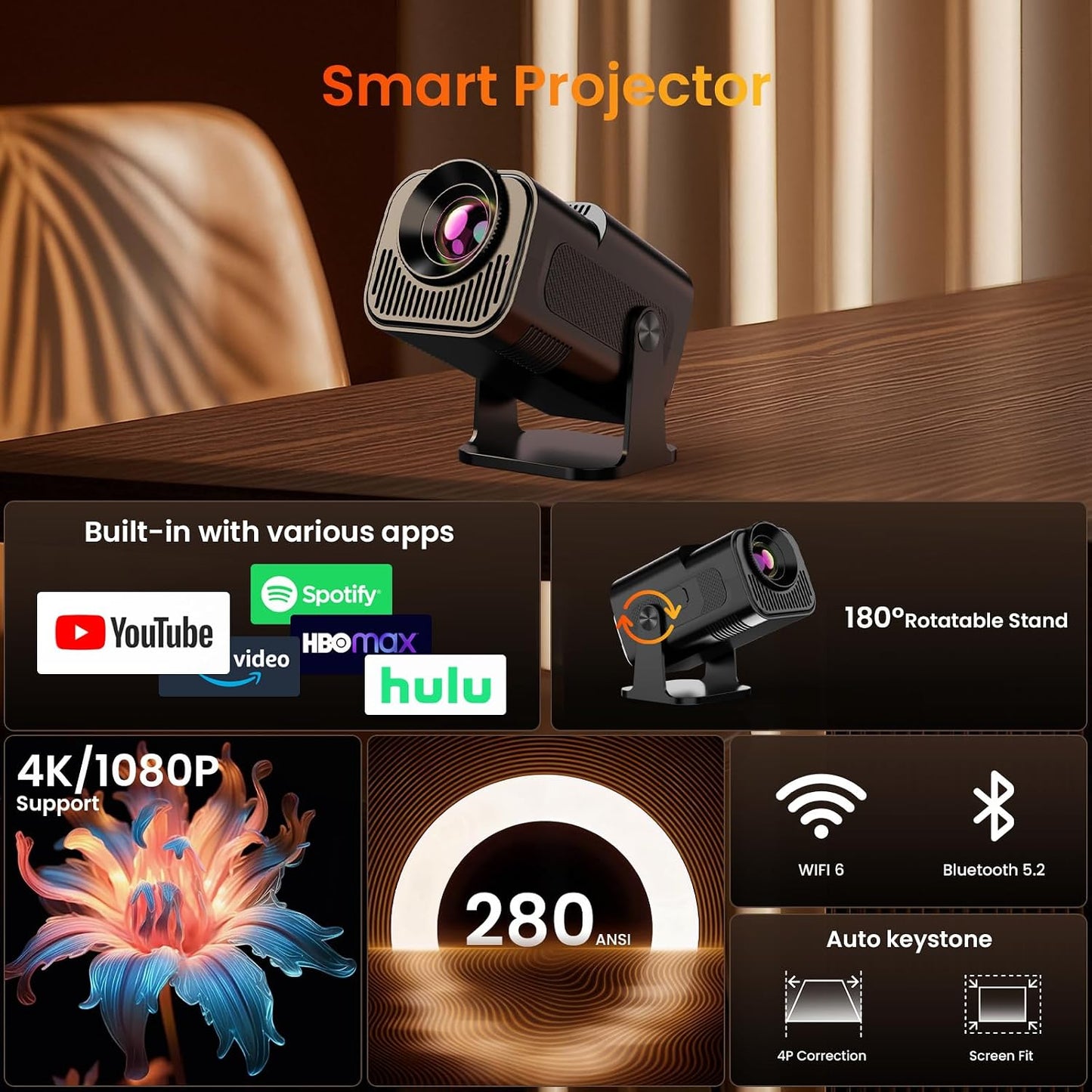 Mini proyector con WiFi y soporte Bluetooth 4K 1080P FHD 2026 Proye...
