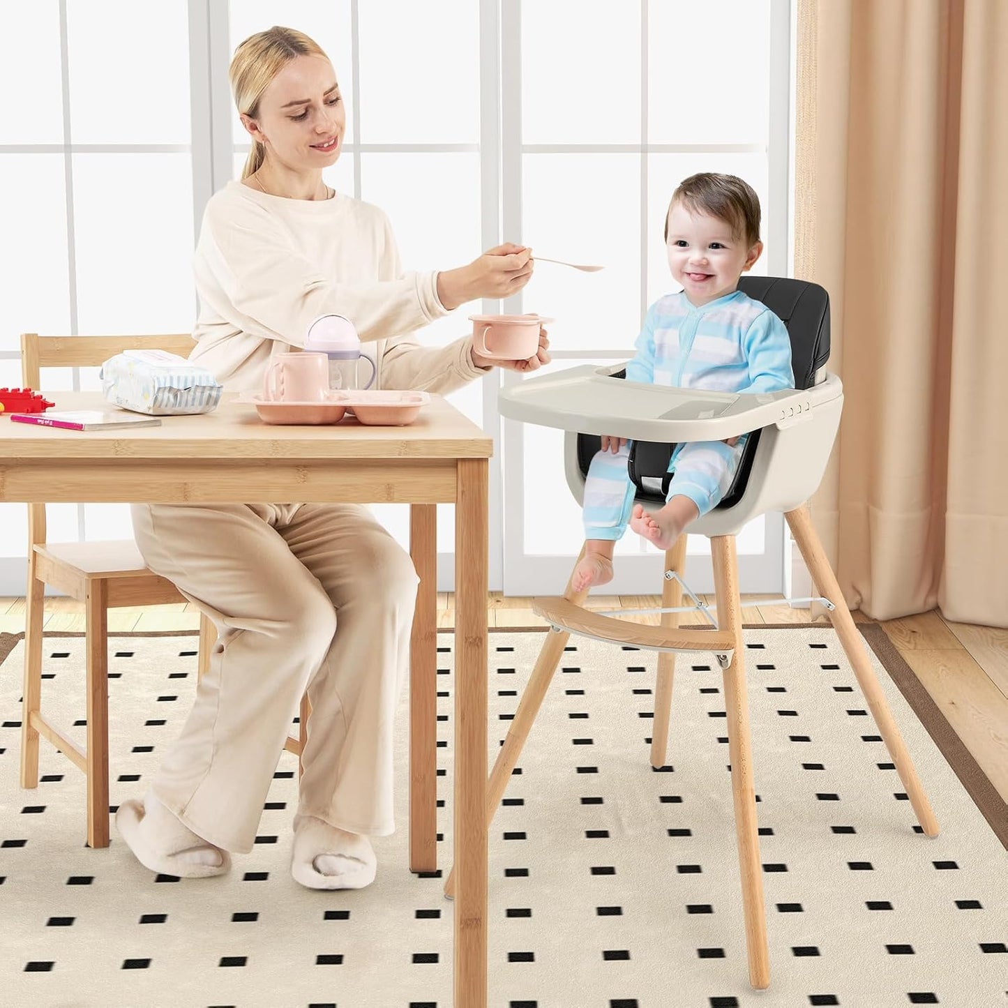 HONEY JOY Silla alta para bebé, silla alta 6 en 1 de madera Eat &am...