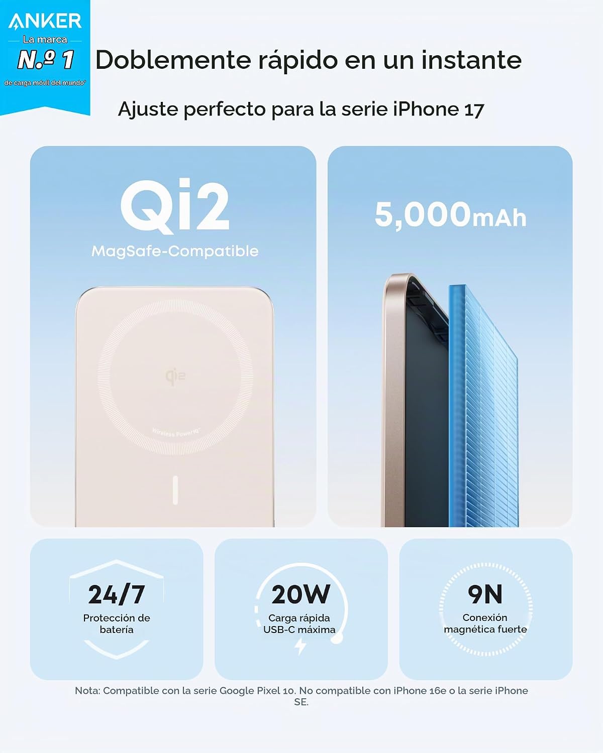 Anker Nano Power Bank, Batería de Carga Magnética Inalámbrica de 5,...