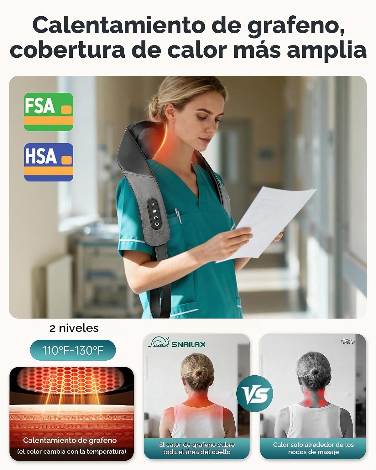 Snailax Masajeador de cuello y hombros con calor, Shiatsu 4D, elegi...