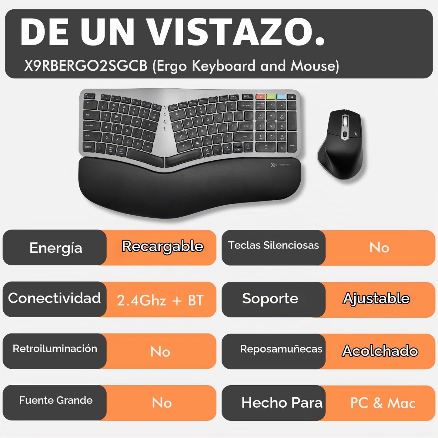 X9 Combo ergonómico de teclado y mouse inalámbricos: teclado Ergo S...