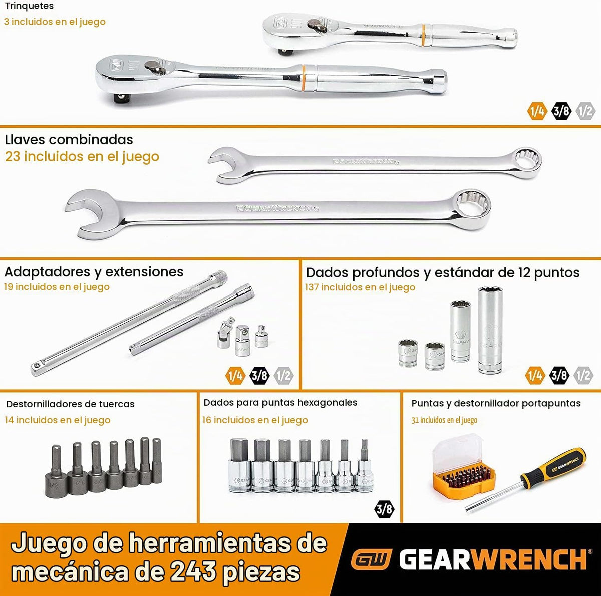 GEARWRENCH Juego de 243 herramientas mecánicas de 12 puntos en caja...
