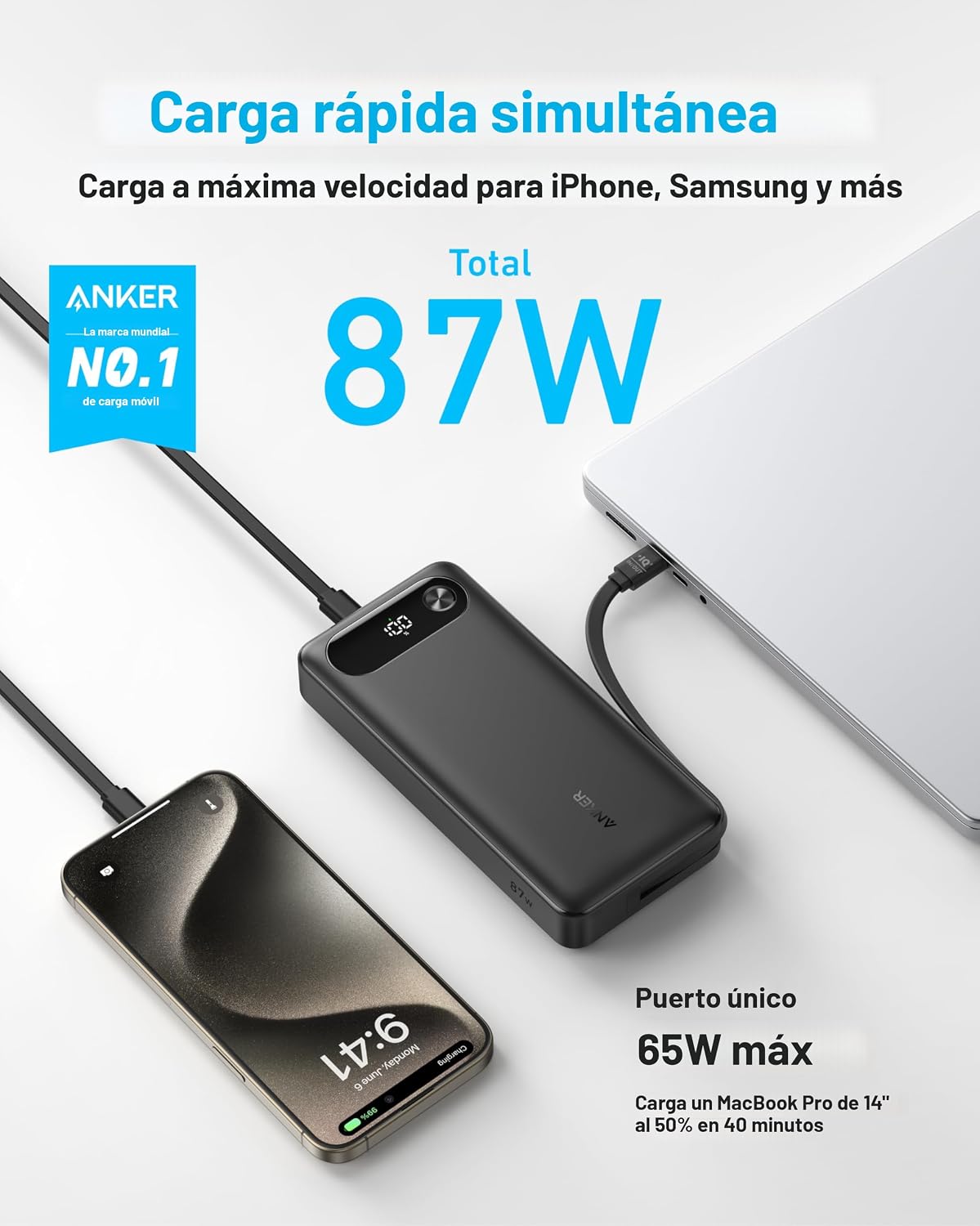 Anker Power Bank, cargador portátil esencial de viaje de 20,000 mAh...