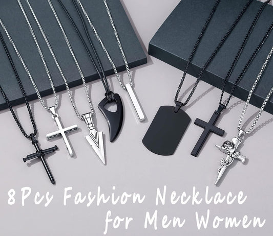 MAIBAOTA Juego de 8 collares para hombre, collar de acero inoxidabl...