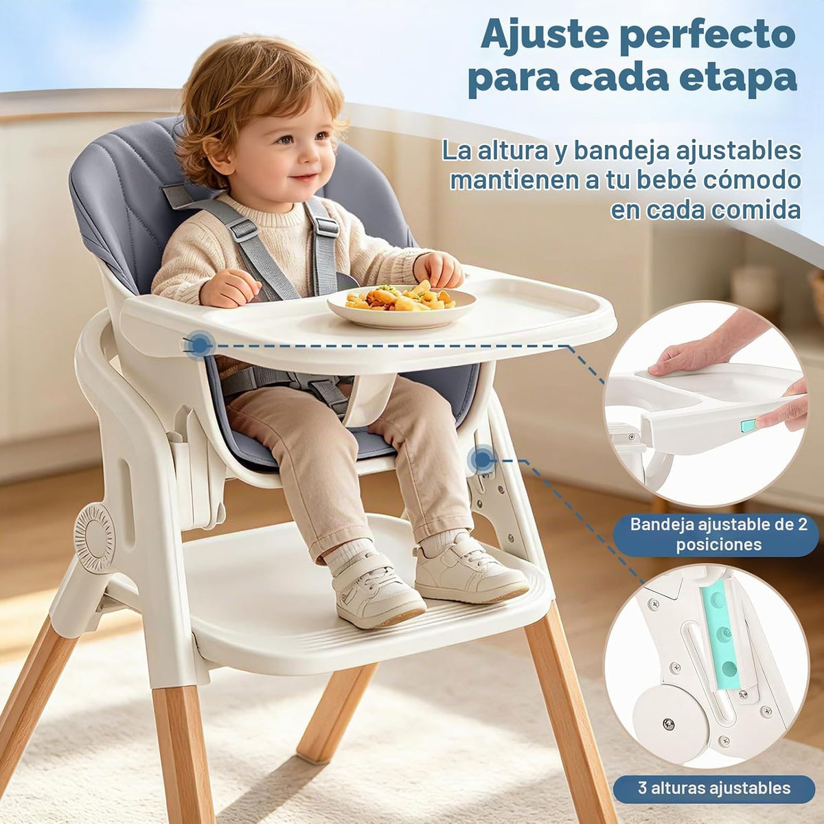 Silla alta plegable para bebé, sillas altas de madera convertibles...