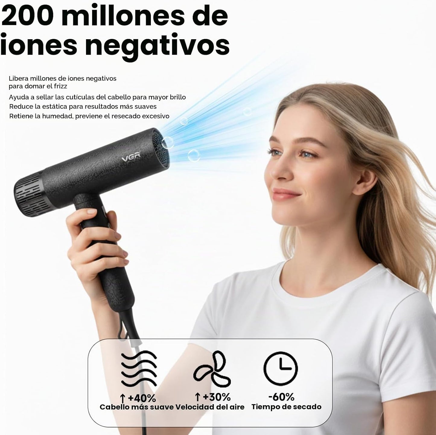 Secador de pelo de alta velocidad VGR, 110.000 RPM BLDC iónico, 3 a...