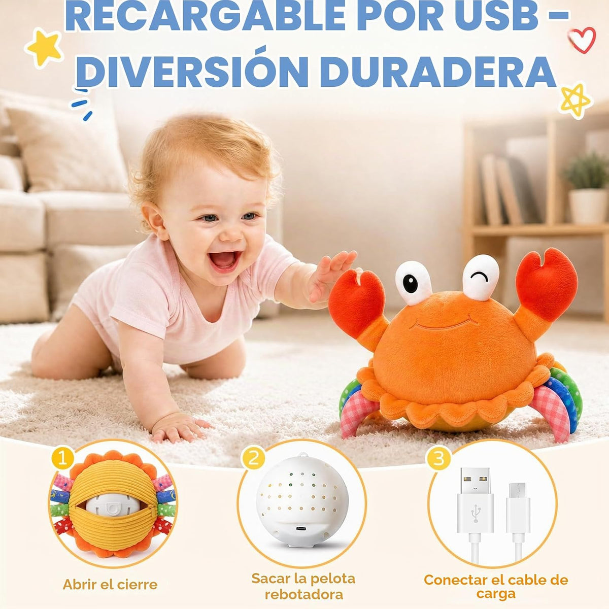 Juguete del bebé del cangrejo que arrastra naranja, juguete musical...