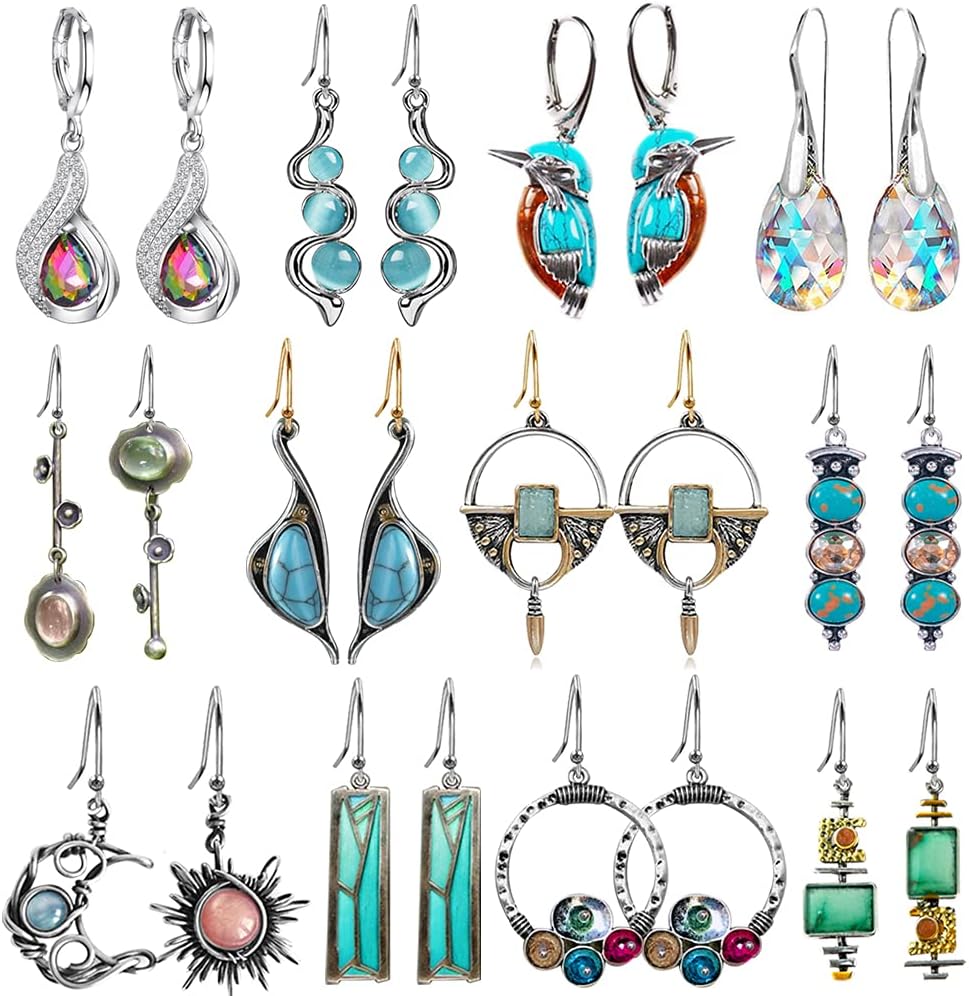 12 Pares de Aretes Colgantes de Cristal Drusa en Forma de Lágrima p...