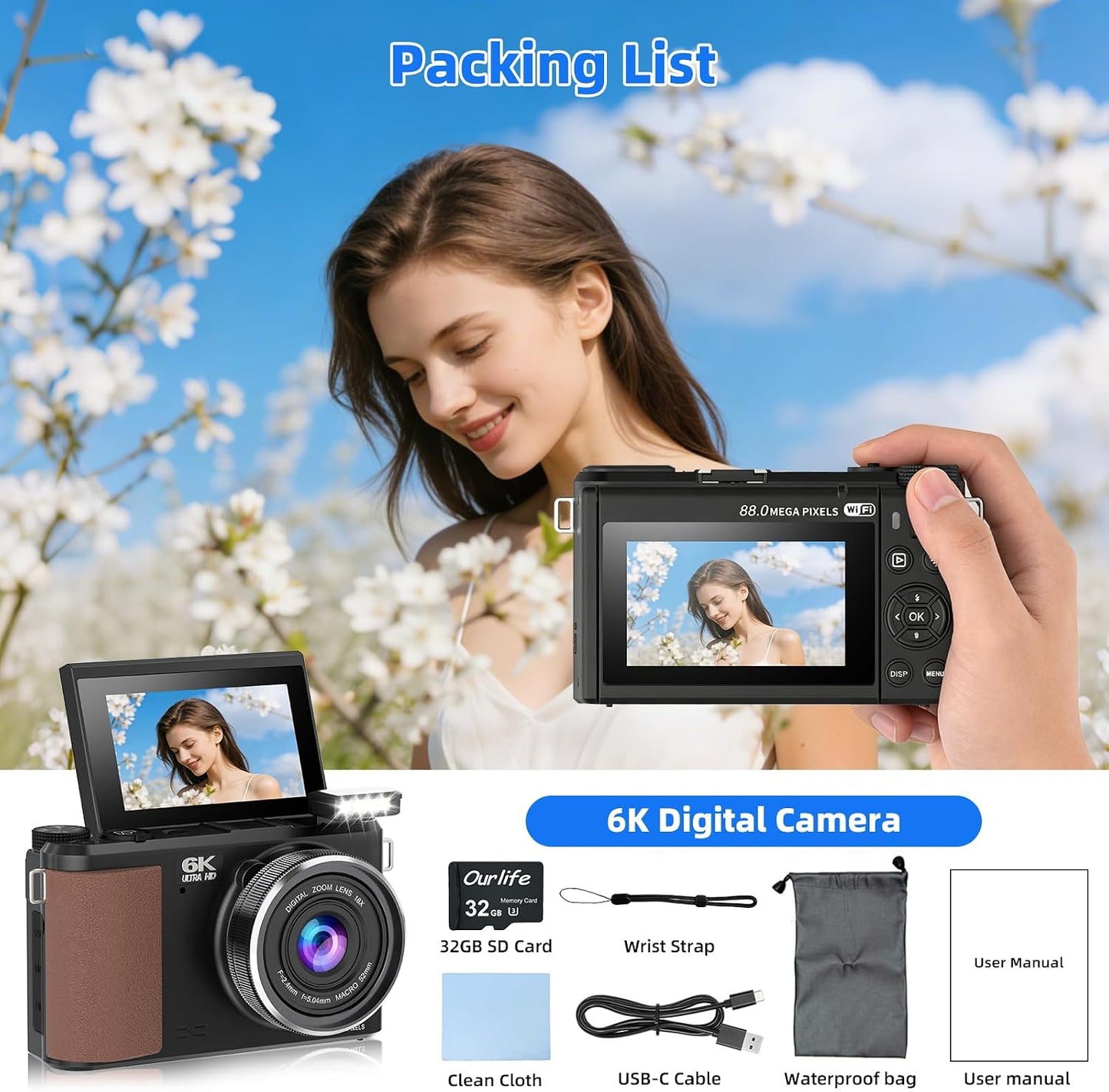 Ourlife Cámara digital de 88 MP 6K, cámaras WiFi para fotografía, c...