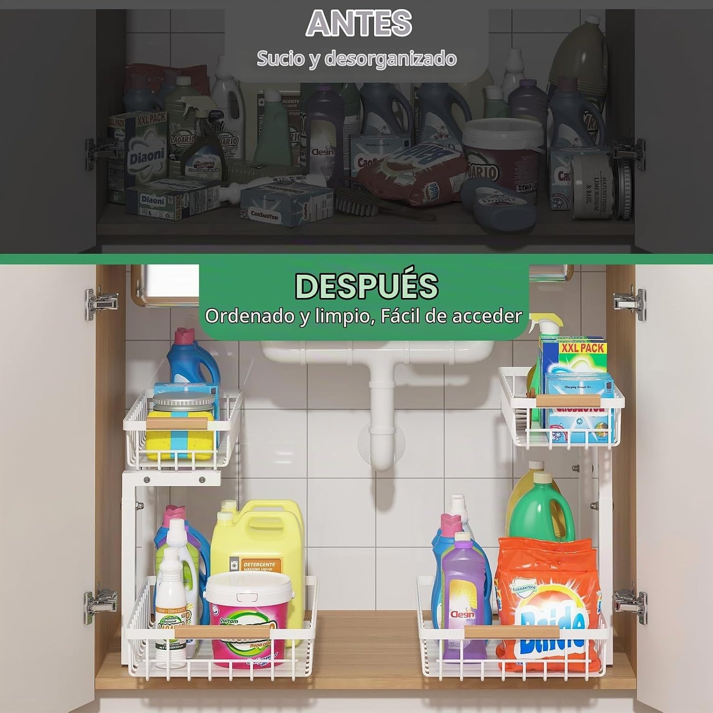 ADRIMER Organizador para debajo del fregadero, 2 unidades, organiza...