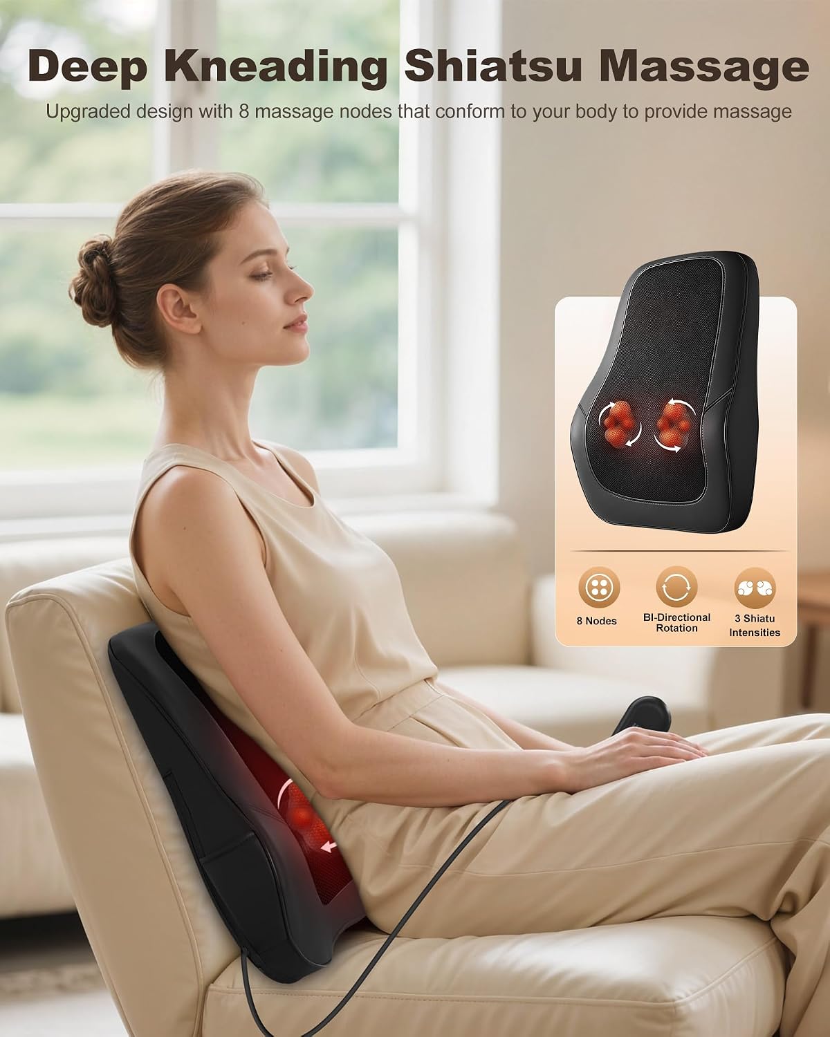 Beleduc Masajeador de espalda Shiatsu con calor, masajeador de espa...