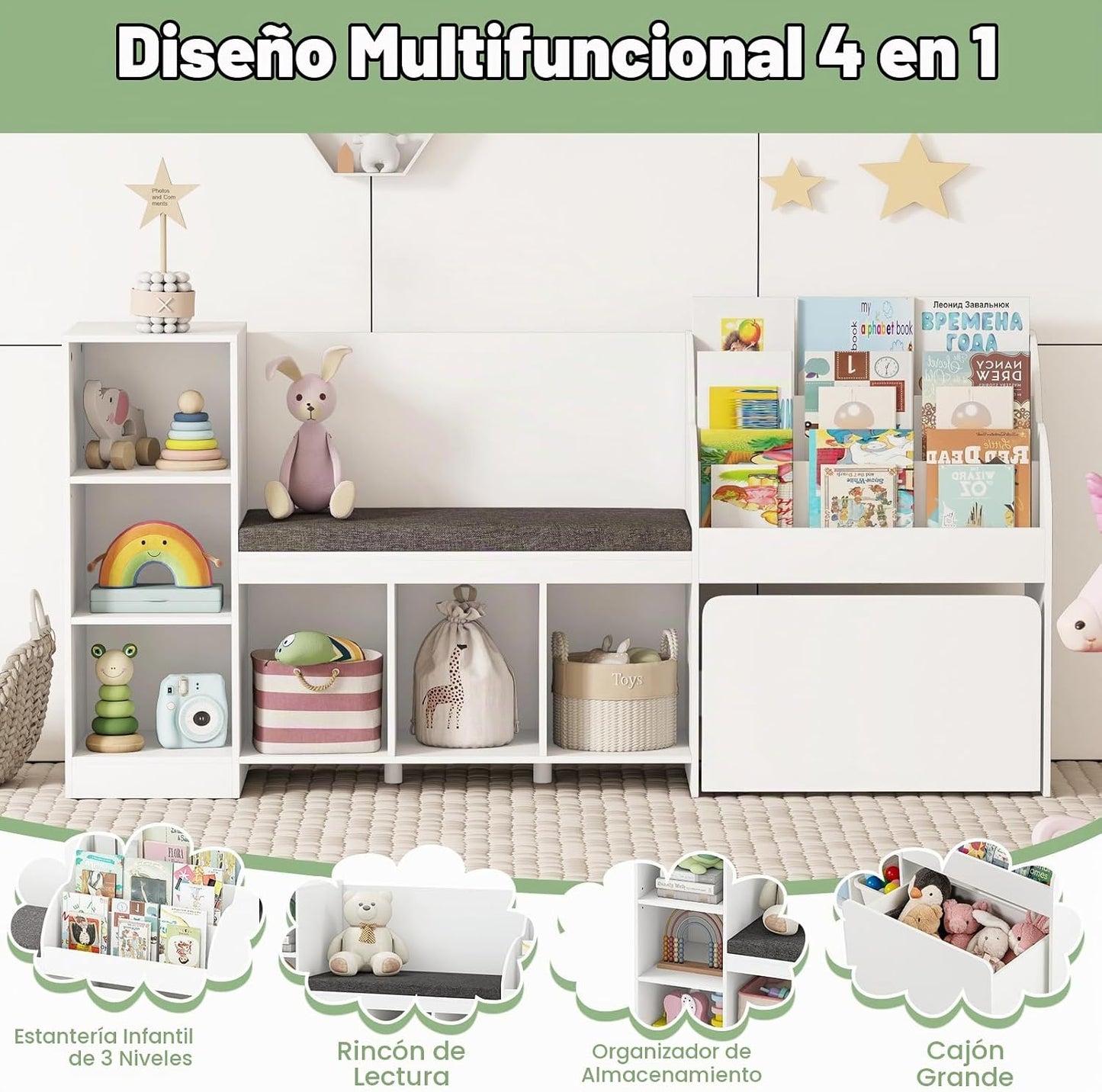 Costzon Estantería infantil de 67 pulgadas con rincón de lectura, o...