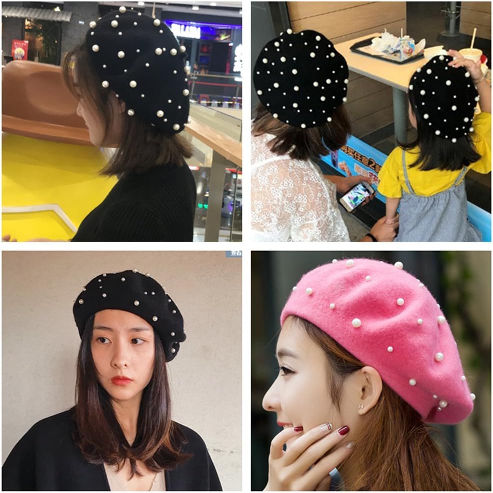 Sombrero de boina vintage de lana de perla para mujer, gorro cálido...