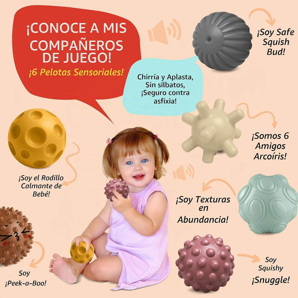 6 bolas de agarre de colores surtidos, juguetes sensoriales con tex...