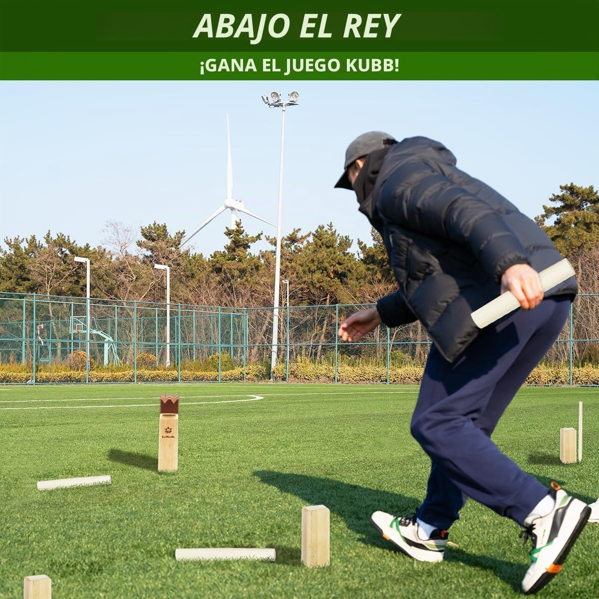 SunNordic Juego de jardín Kubb de madera de caucho con bolsa de tra...