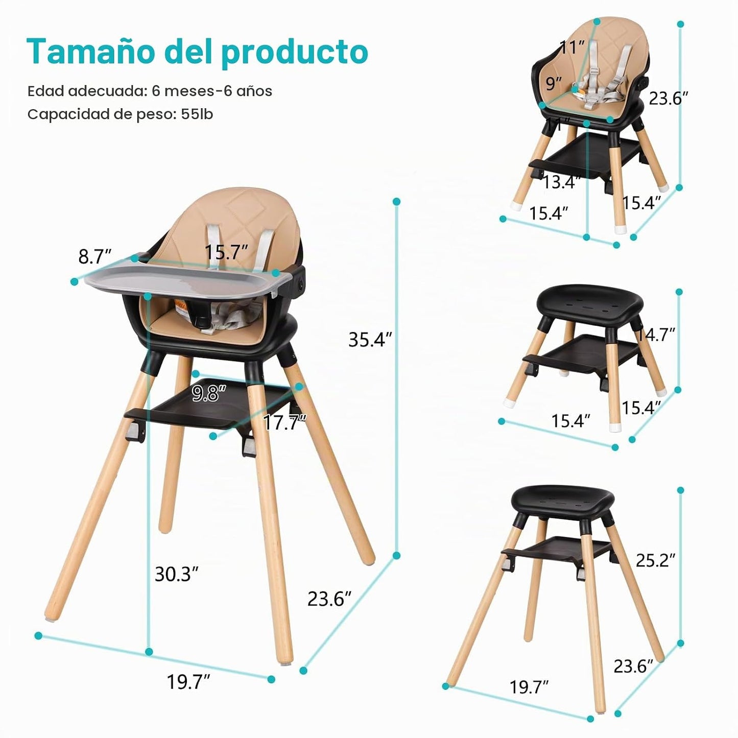Komcot Silla Alta, Sillas Altas Convertibles de Madera 6 en 1 para...