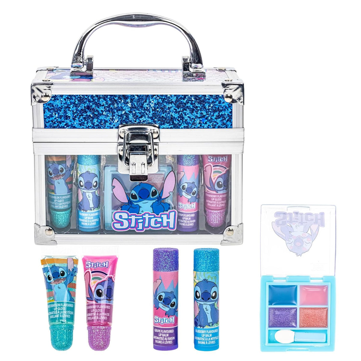 Disney Stitch Beauty Mini Train Case Set incluye tubo de brillo de...