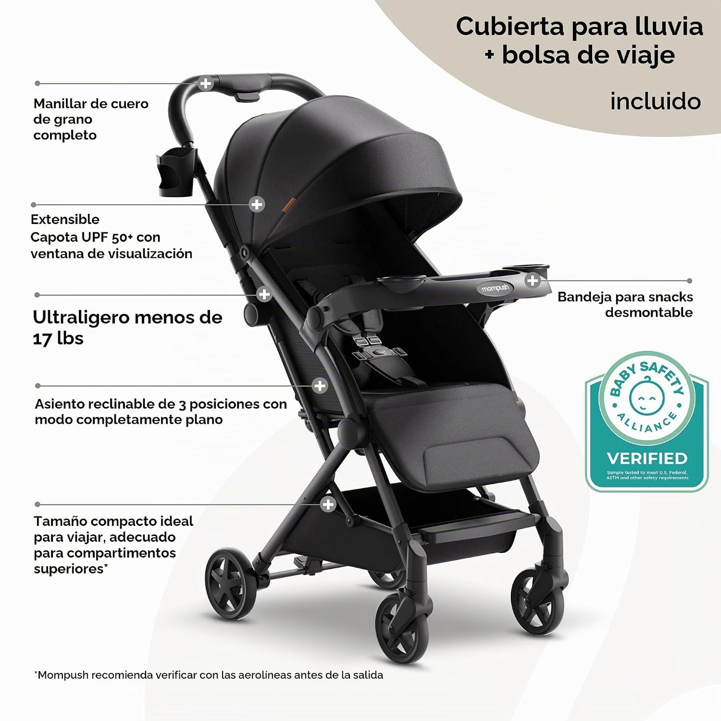 Mompush Lithe V2 - Cochecito de viaje ligero, compacto y plegable c...