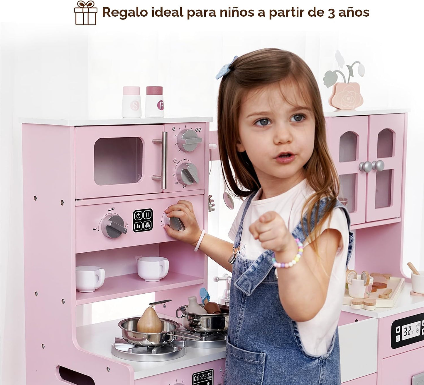 Cocina de juguete de madera para niños pequeños y niños con luces y...
