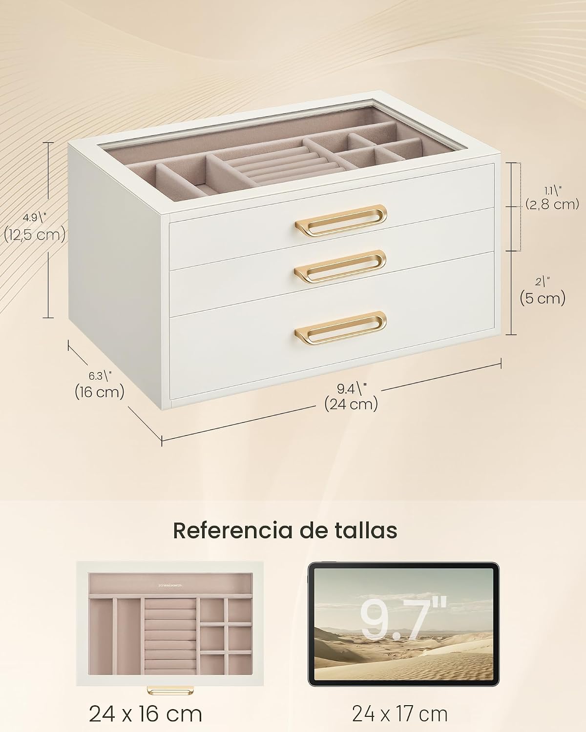SONGMICS Joyero de 3 capas con ventana de cristal, organizador de a...