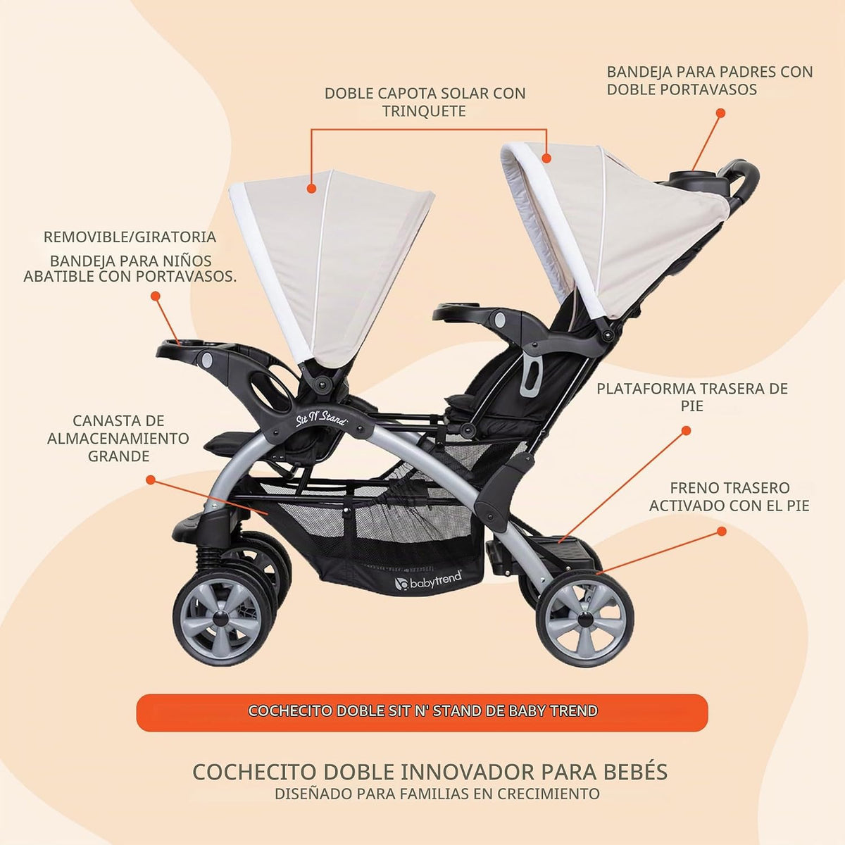 Cochecito doble para bebés y niños pequeños de Baby Trend con arnés...