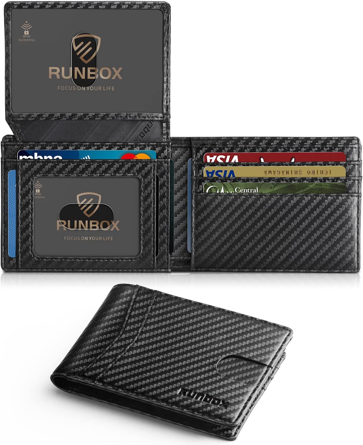 RUNBOX Cartera para hombres, delgada, RFID, de cuero, con 2 ventana...