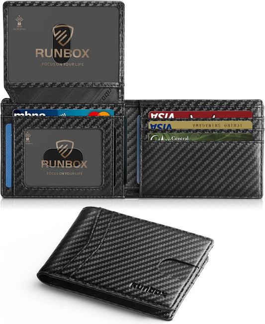 RUNBOX Cartera para hombres, delgada, RFID, de cuero, con 2 ventana...