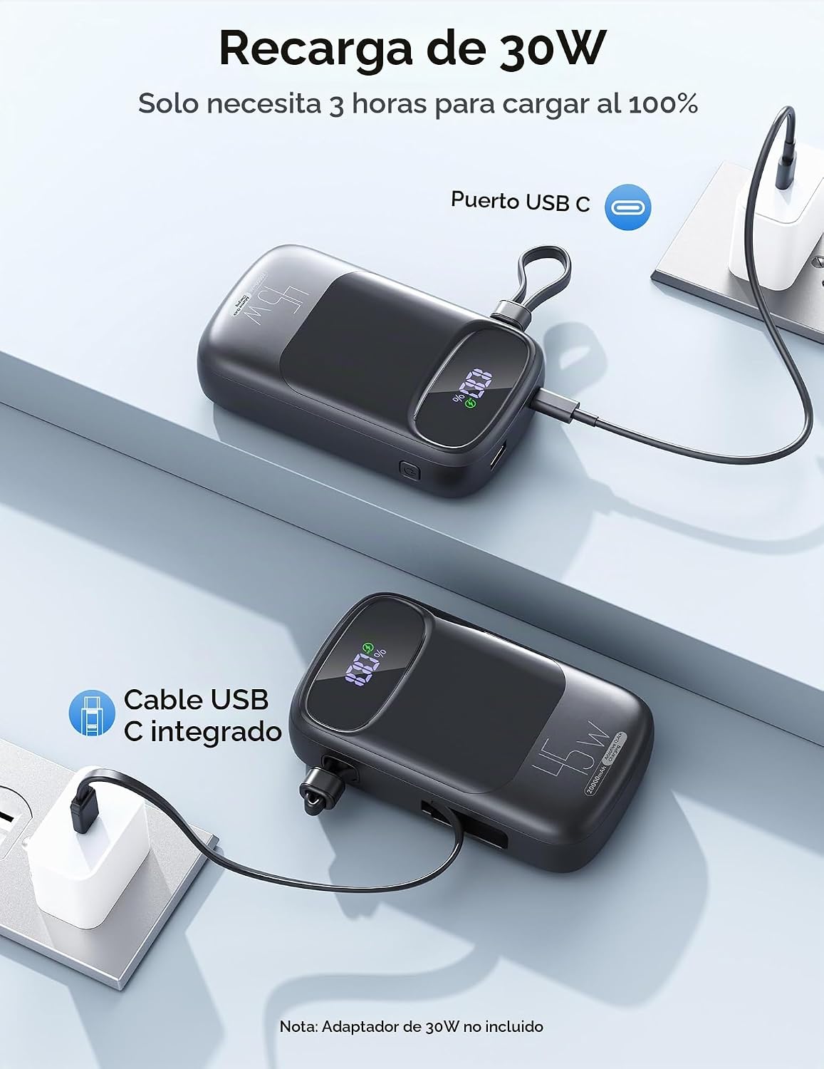 RETMSR Cargador Portátil 20000mAh 45W USB C Carga Rápida, Cable Inc...