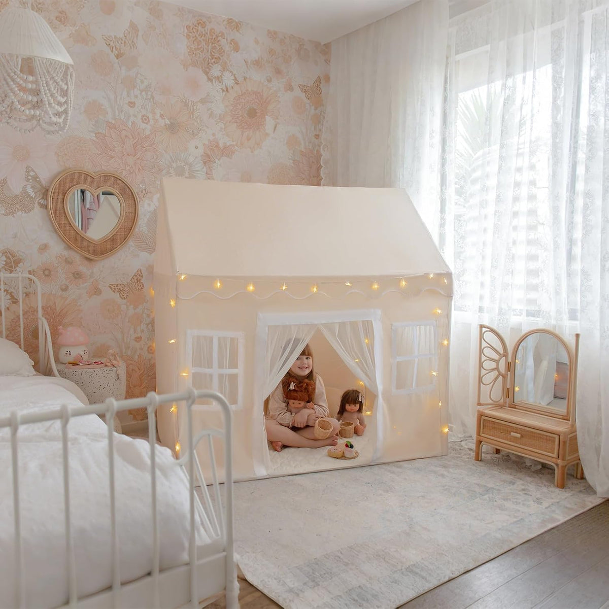 Tiny Land Tienda de campaña con alfombrilla acolchada y luces LED,...