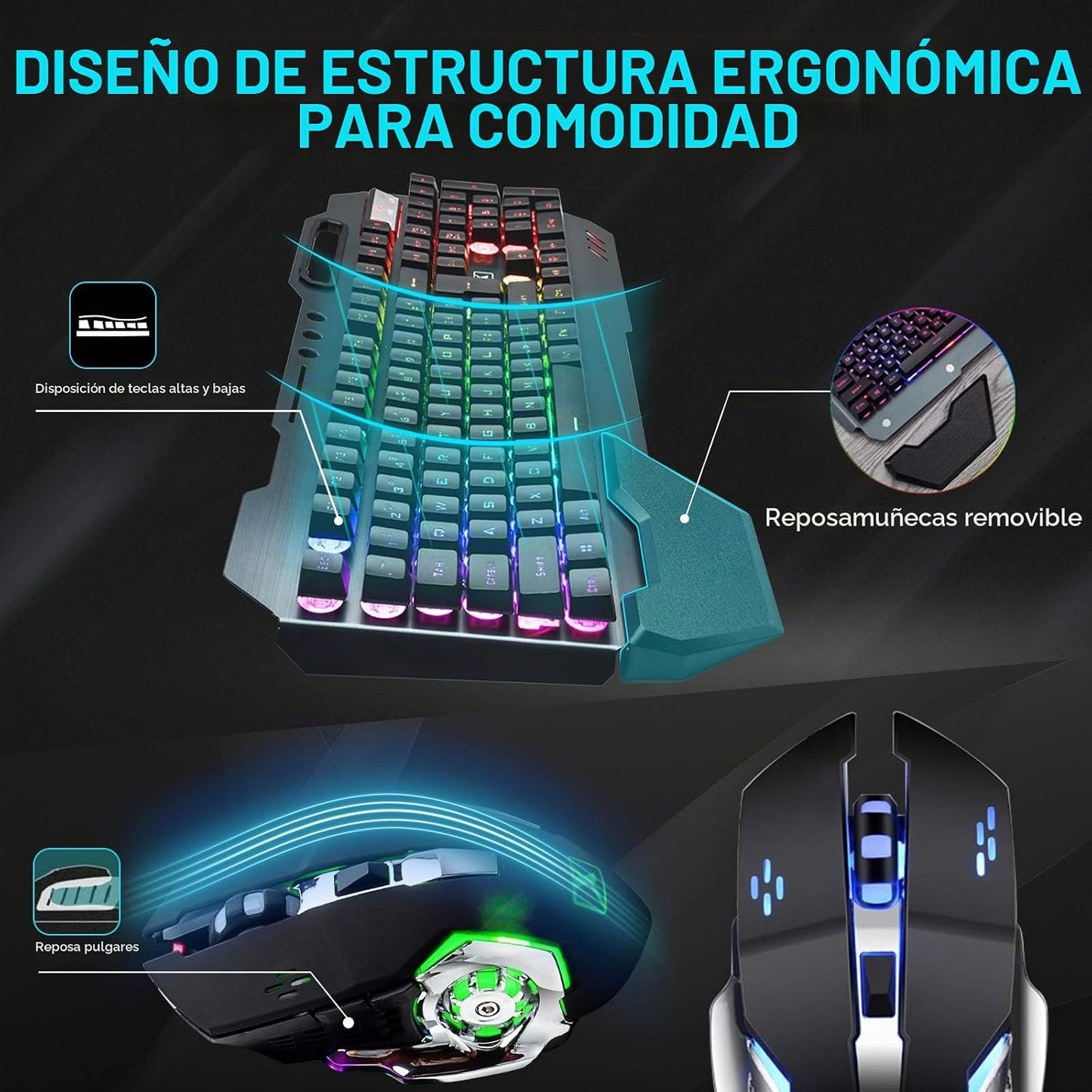 Teclado y ratón inalámbricos para juegos RGB con retroiluminación d...