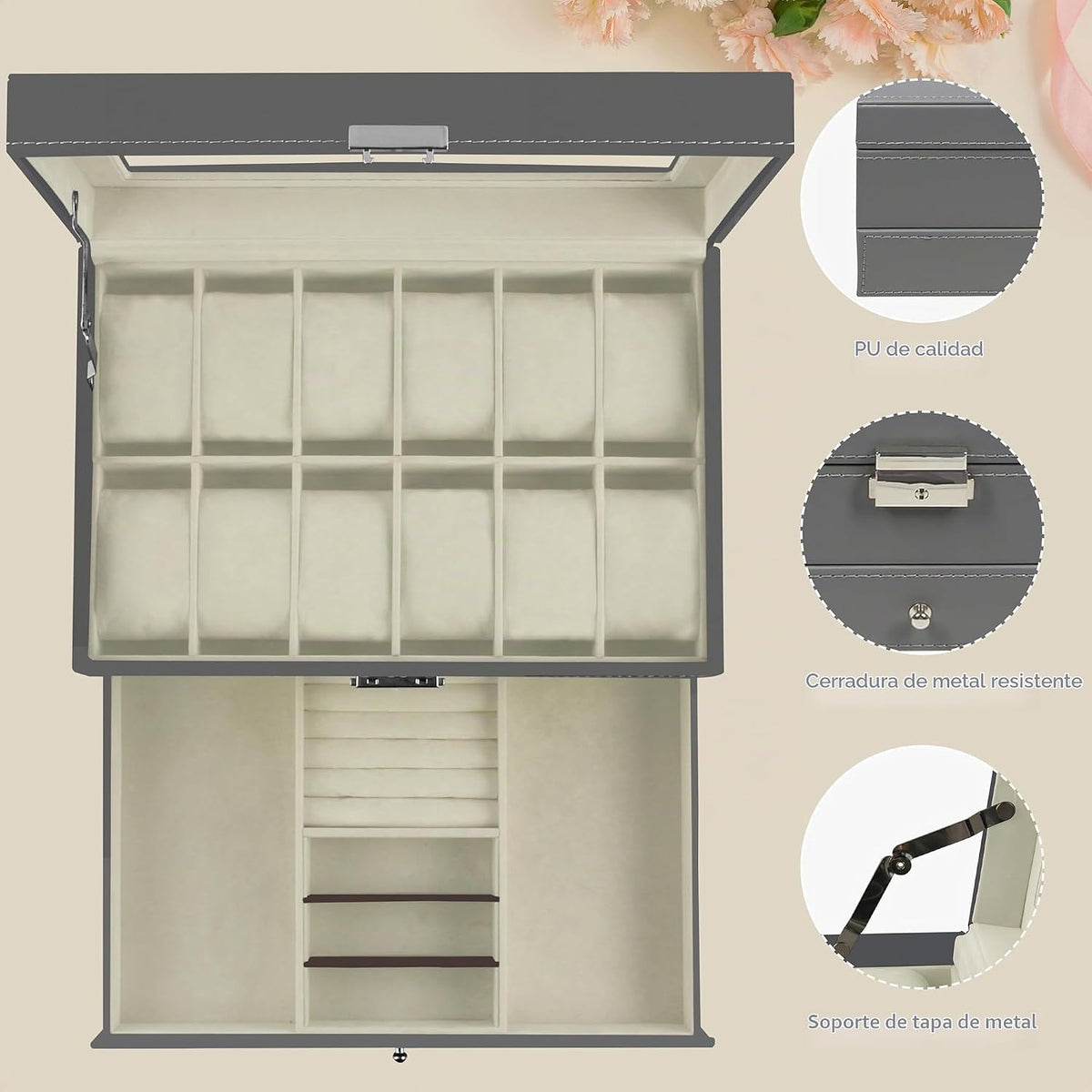 Ogrmar Caja de almacenamiento de reloj con cerradura de cuero PU de...