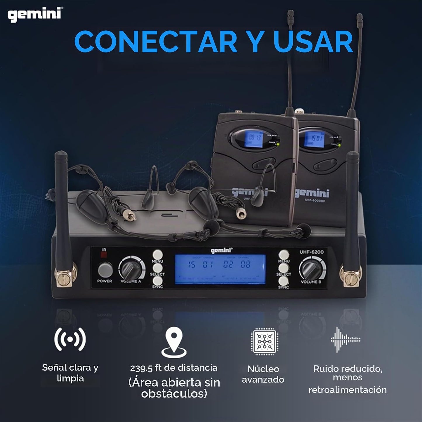 Gemini Auriculares duales UHF y sistema de micrófono inalámbrico La...