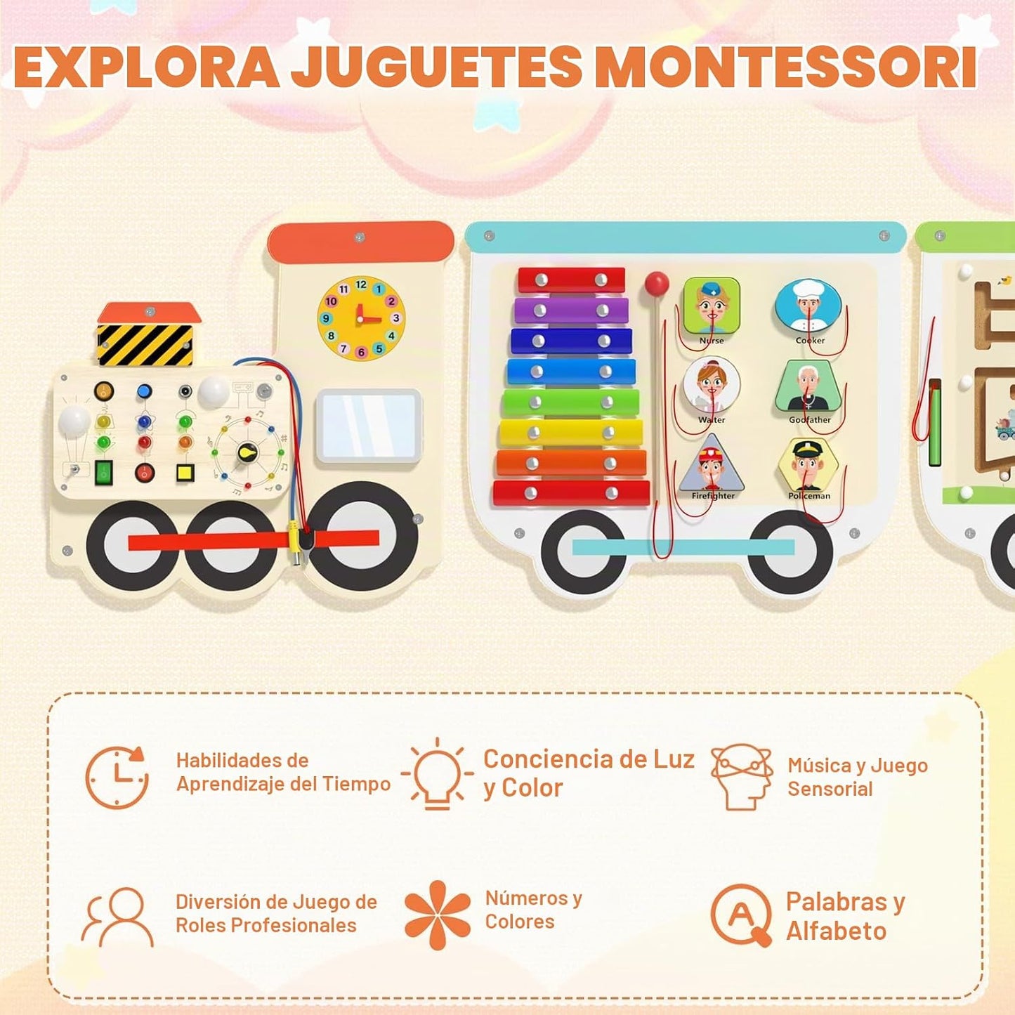 Montessori - Tablero sensorial de madera de tren eléctrico, panel d...