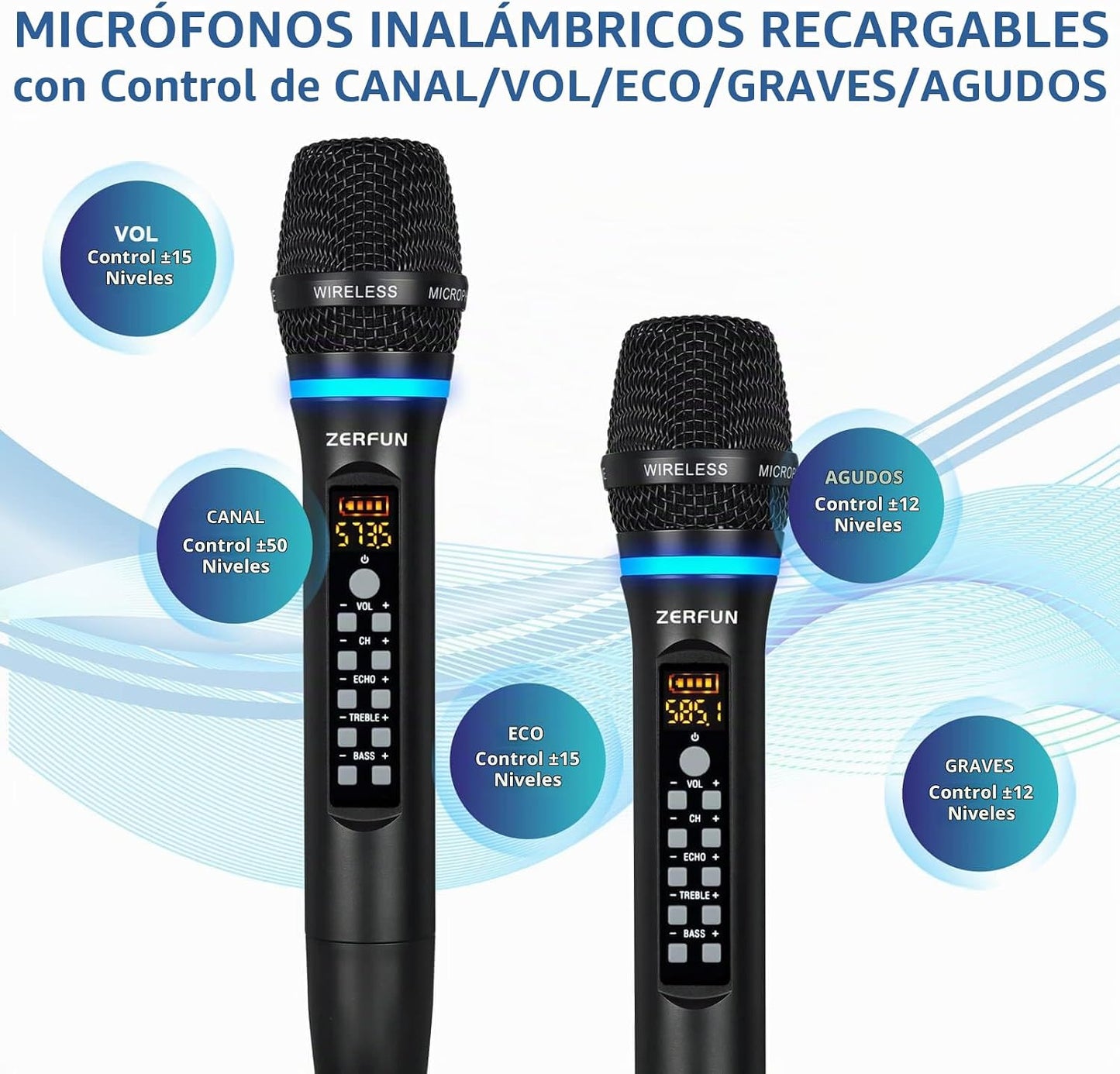 ZERFUN Micrófonos inalámbricos duales recargables, sistema de micró...