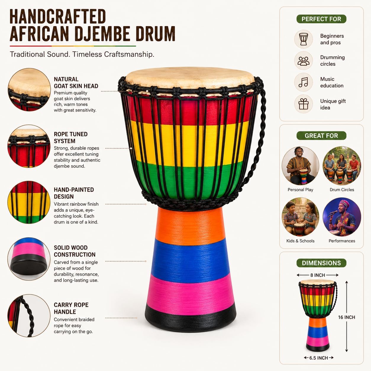 Colorido tambor Djembe de 6 x 12 \u2013 Tambor de mano africano hec...