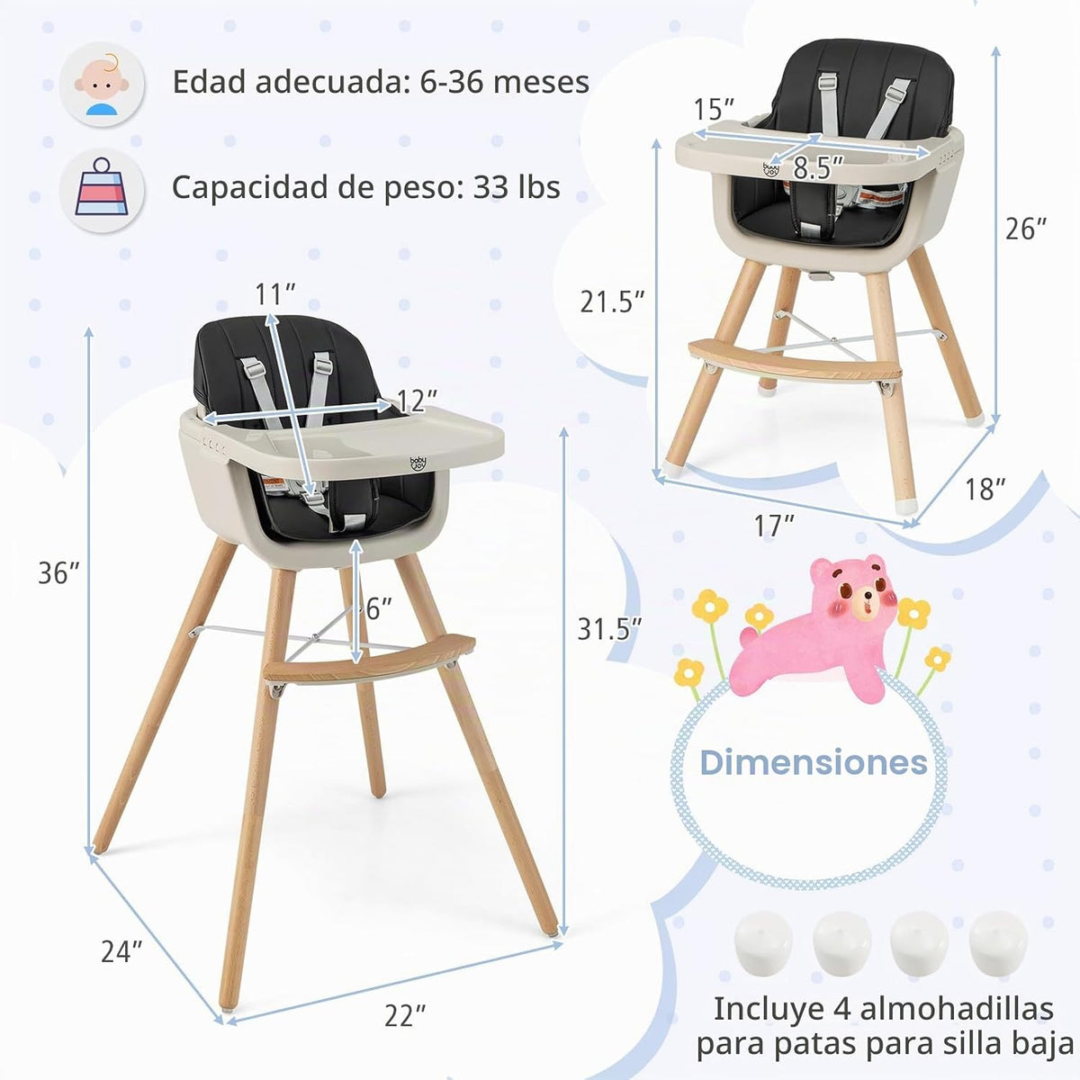 BABY JOY Silla alta para bebé, trona convertible 3 en 1 de madera p...