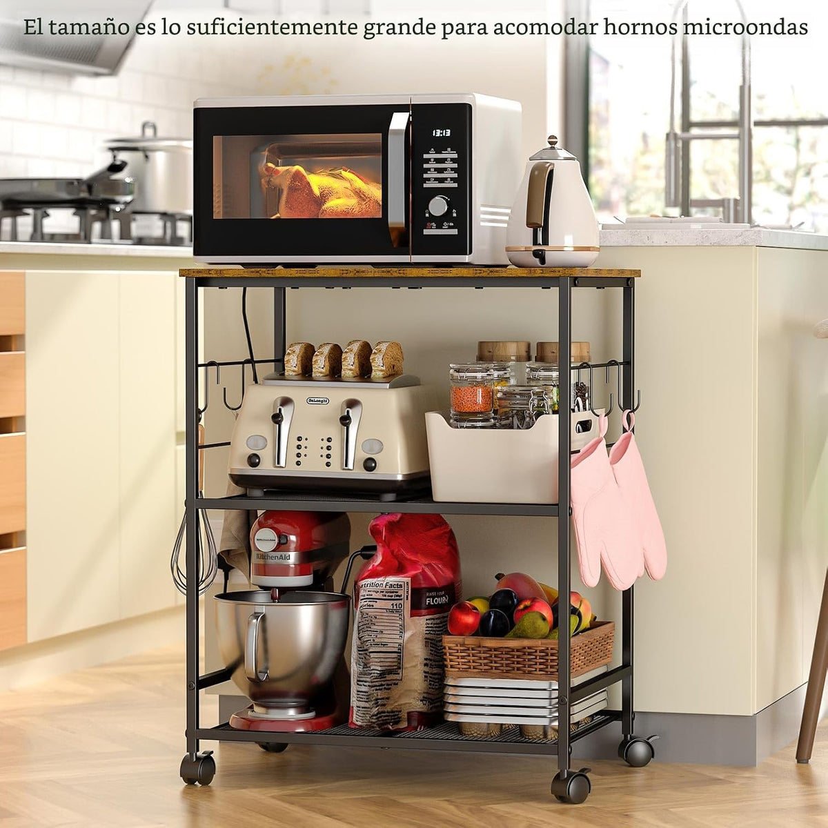 ThreeHio Carrito de microondas de cocina rodante, soporte de mesa d...