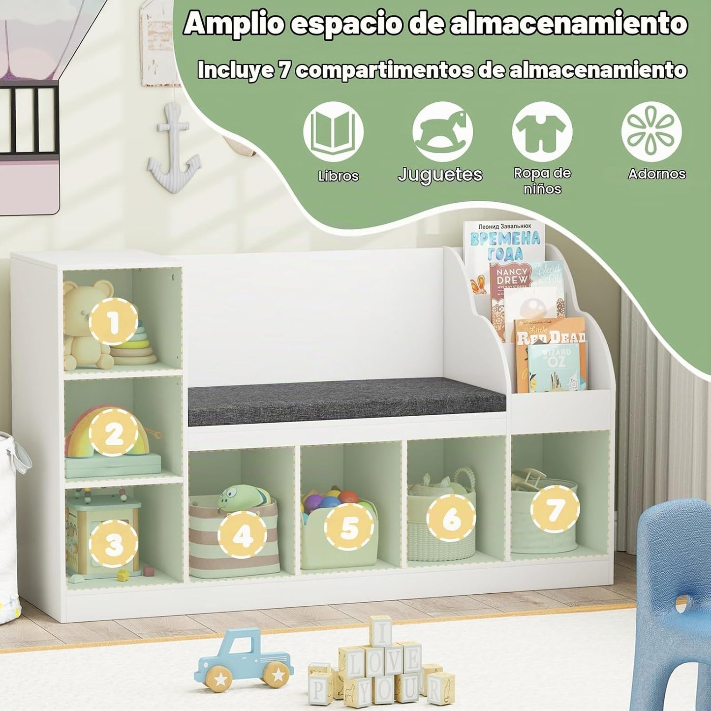 Costzon Estantería infantil de 53.5 pulgadas con rincón de lectura,...