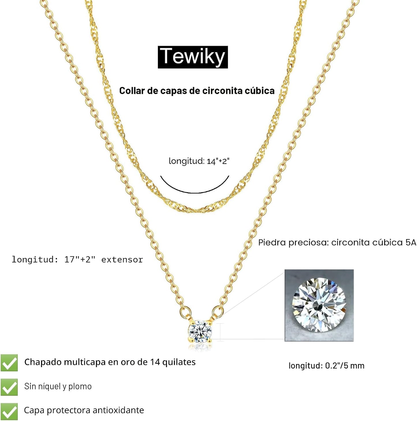Tewiky delicados collares chapados en oro de 14 quilates con circon...