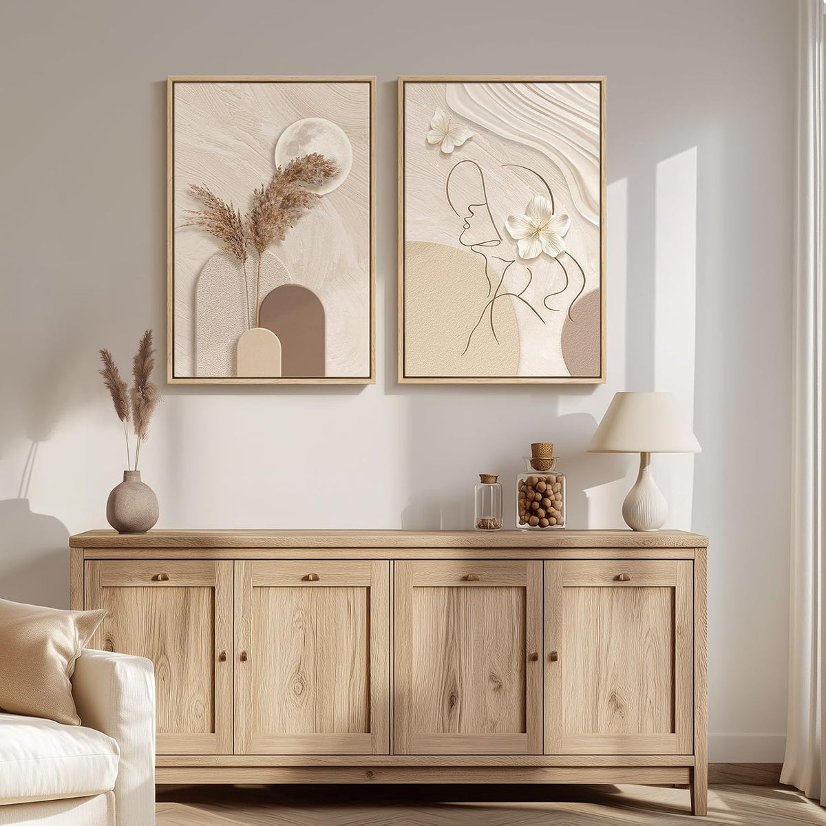Arte de pared abstracto neutro con marco grande para sala de estar,...