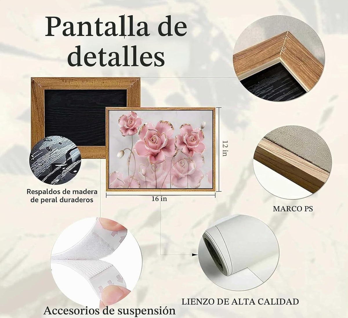 Lienzo enmarcado moderno y delicado de rosas de oro rosa, arte de p...