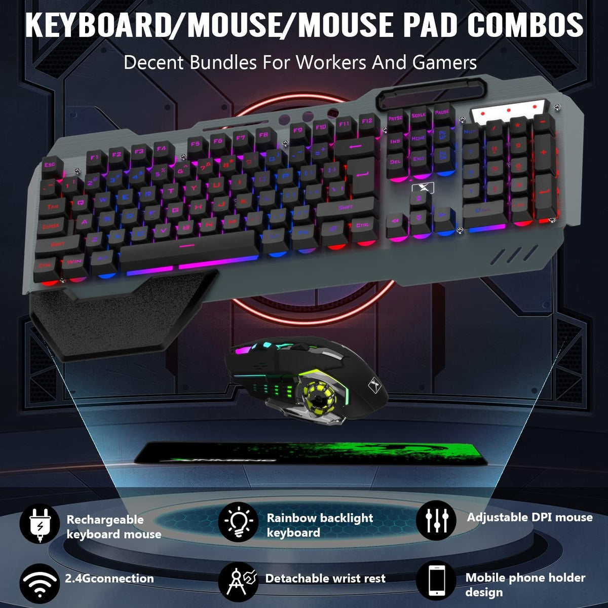 Combo de teclado y mouse inalámbricos para juegos, teclado con retr...