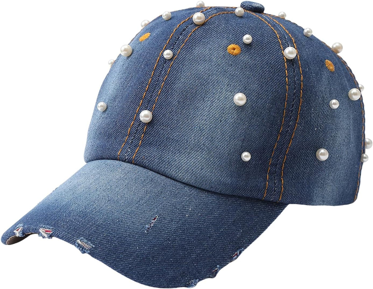 Qkxbxk Gorra de béisbol de mezclilla con perlas para mujer, ajustab...