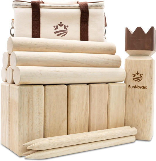 SunNordic Juego de jardín Kubb de madera de caucho con bolsa de tra...