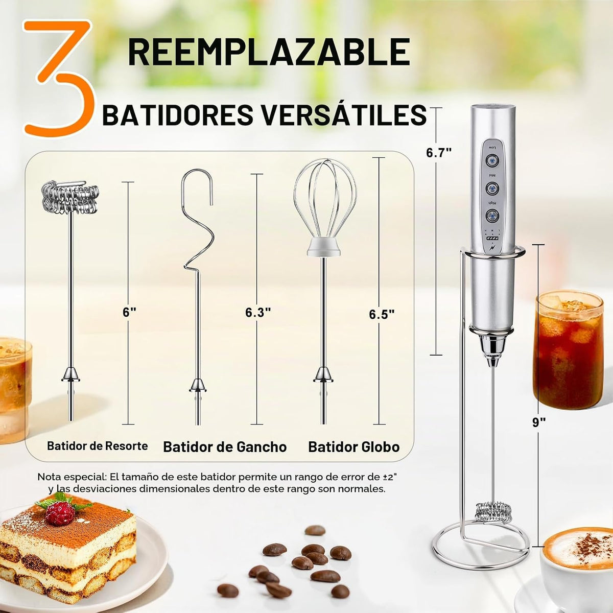 YUSWKO - Espumador de leche recargable USB de mano con 3 cabezas, m...