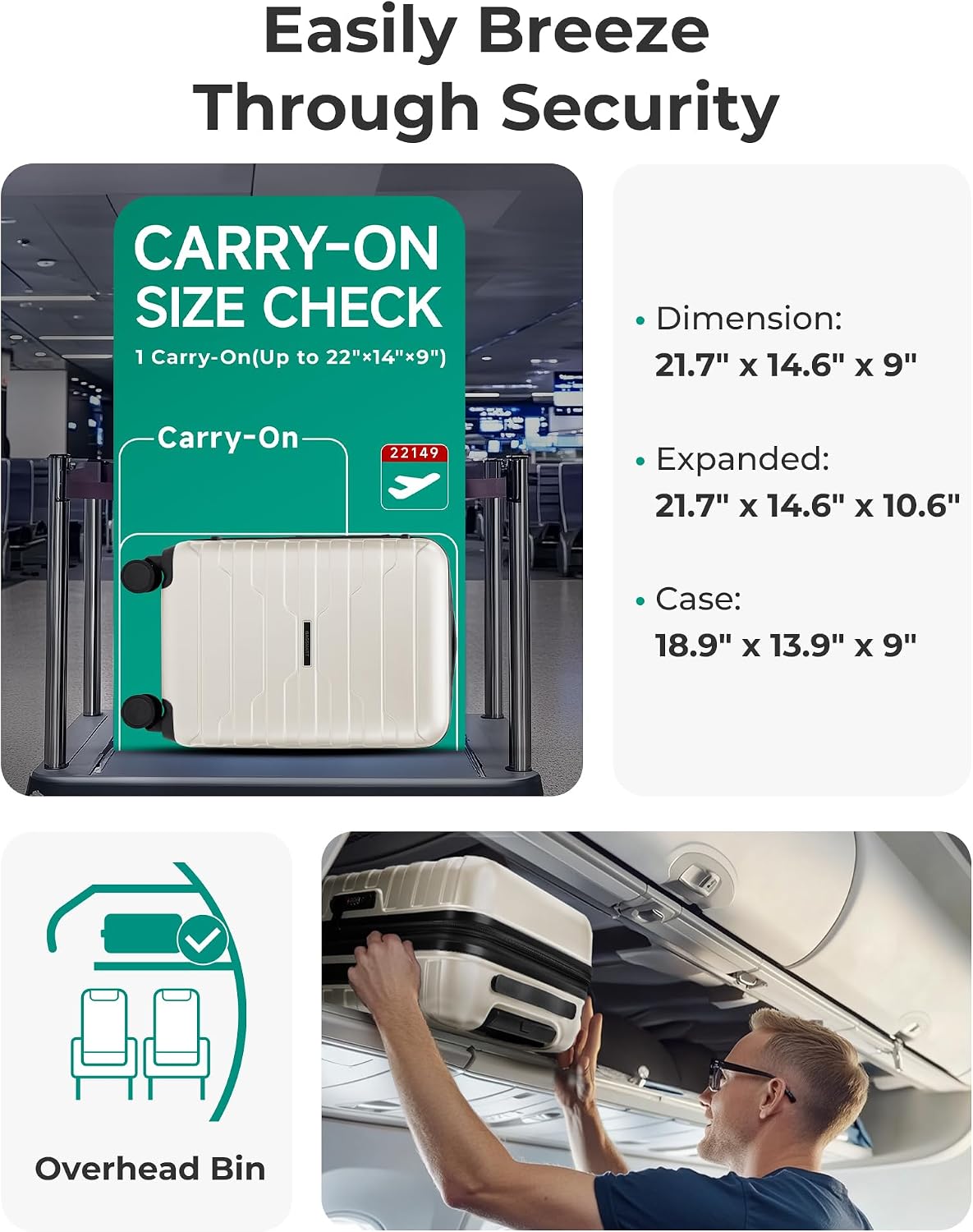 BAGSMART Equipaje de mano de 22x14x9 pulgadas aprobado por aerolíne...