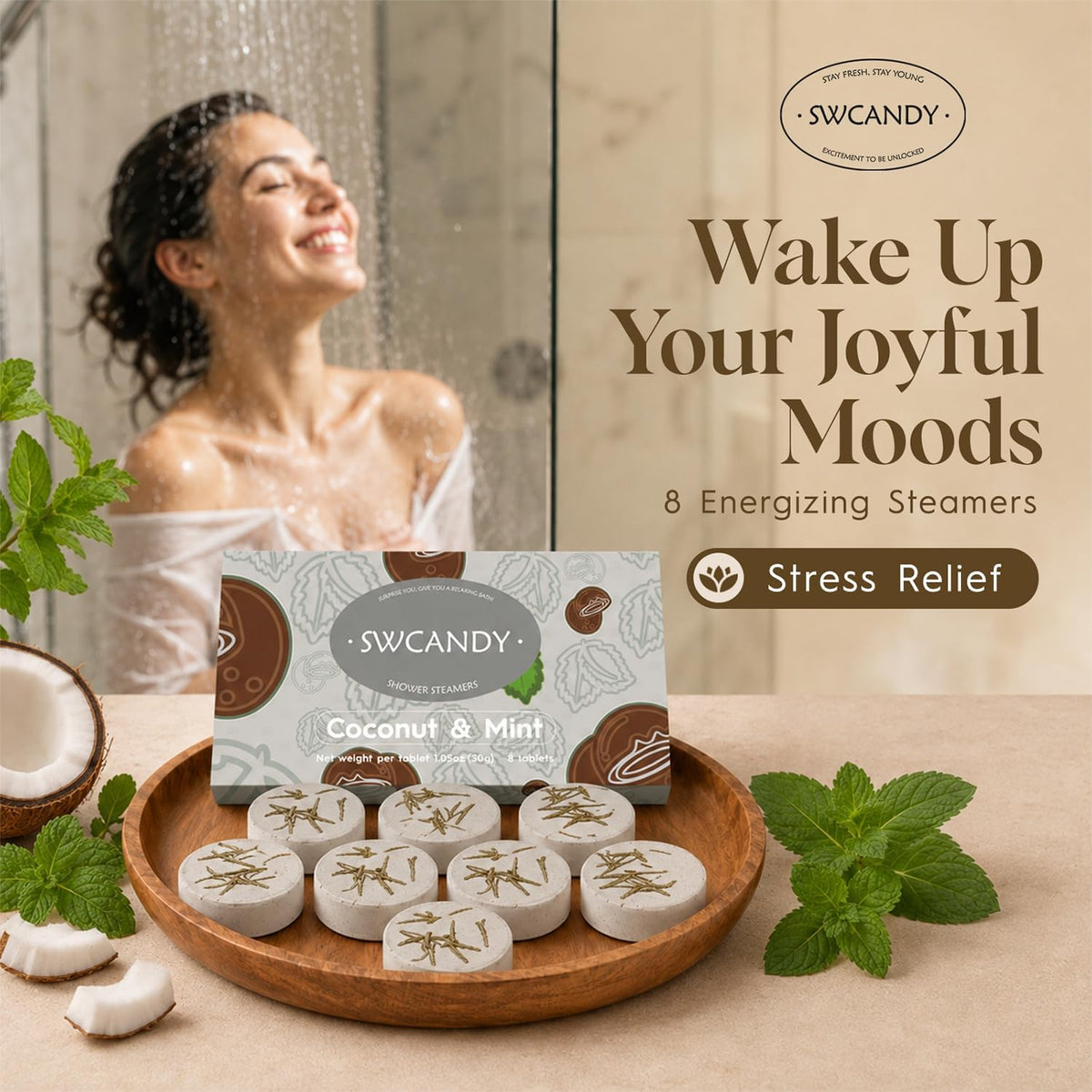 SWCANDY Vaporizadores de ducha de coco y menta, paquete de 8, cuida...
